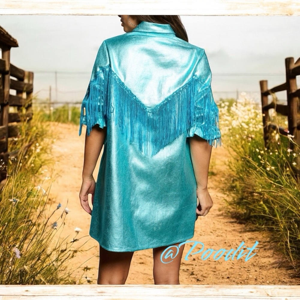 FANTASTIC FAWN Western vibe metallic aqua dress S M L - Picture 6 of 8